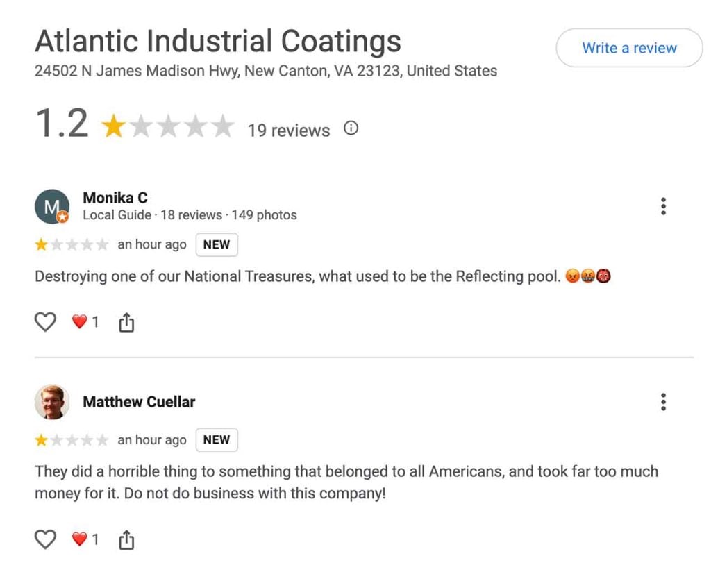 Trumps Pool Guy Atlantic Industrial Coatings has been slammed with 1 star google reviews
