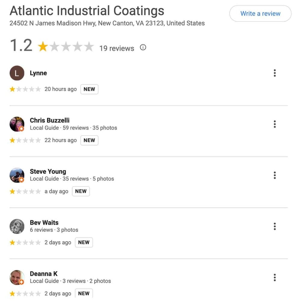 Atlantic Industrial Coatings has been slammed with 1-star Google Reviews.