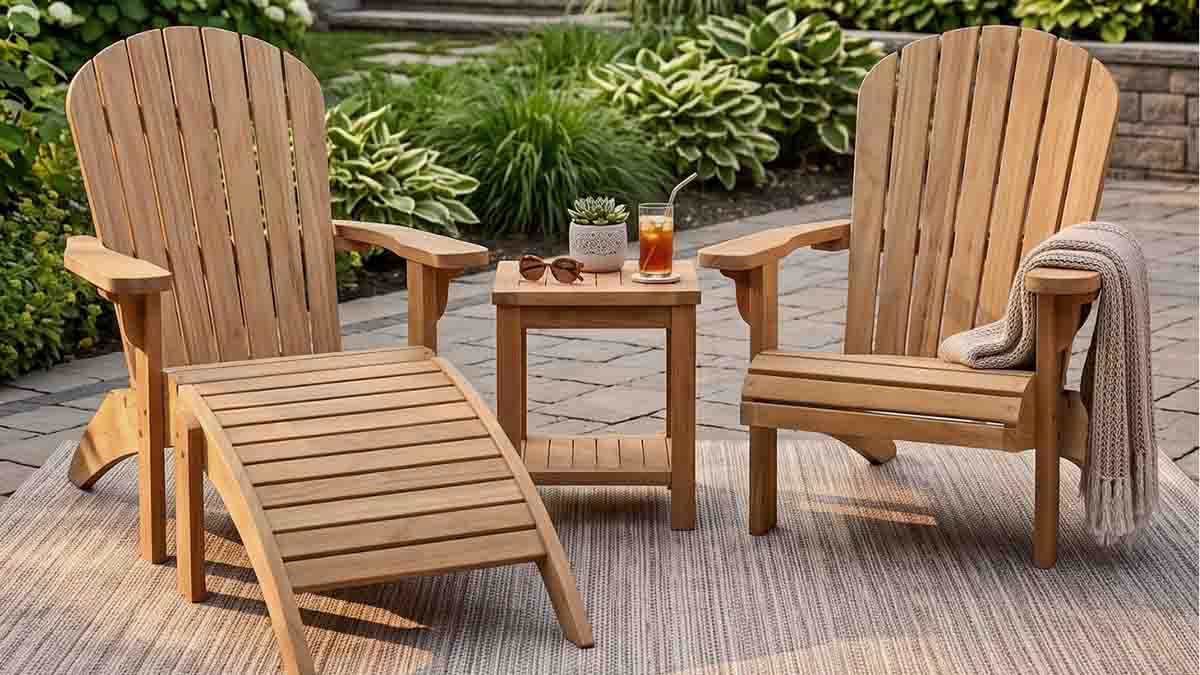 East Green Teak Collection outdoor chairs and ottoman by The Porch Swing Company