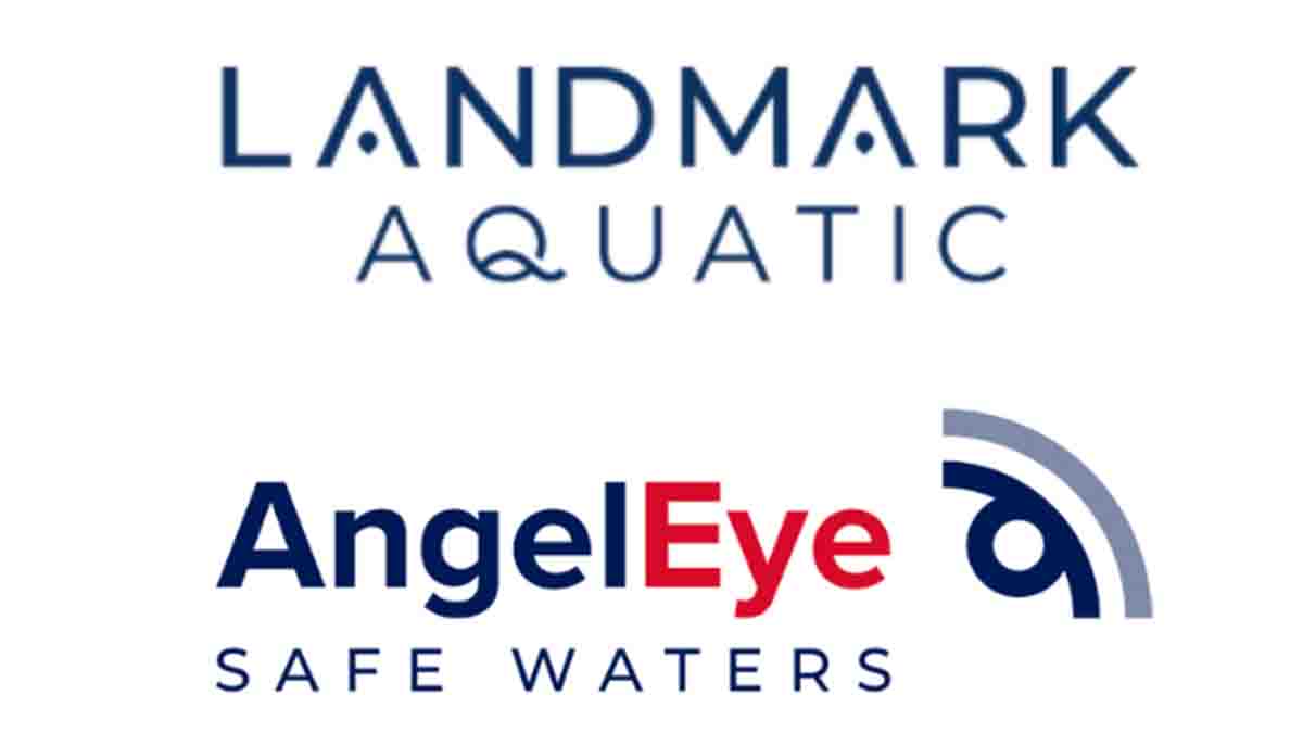 Landmark Aquatic and AngelEye Safe Waters logos announcing drowning detection technology partnership